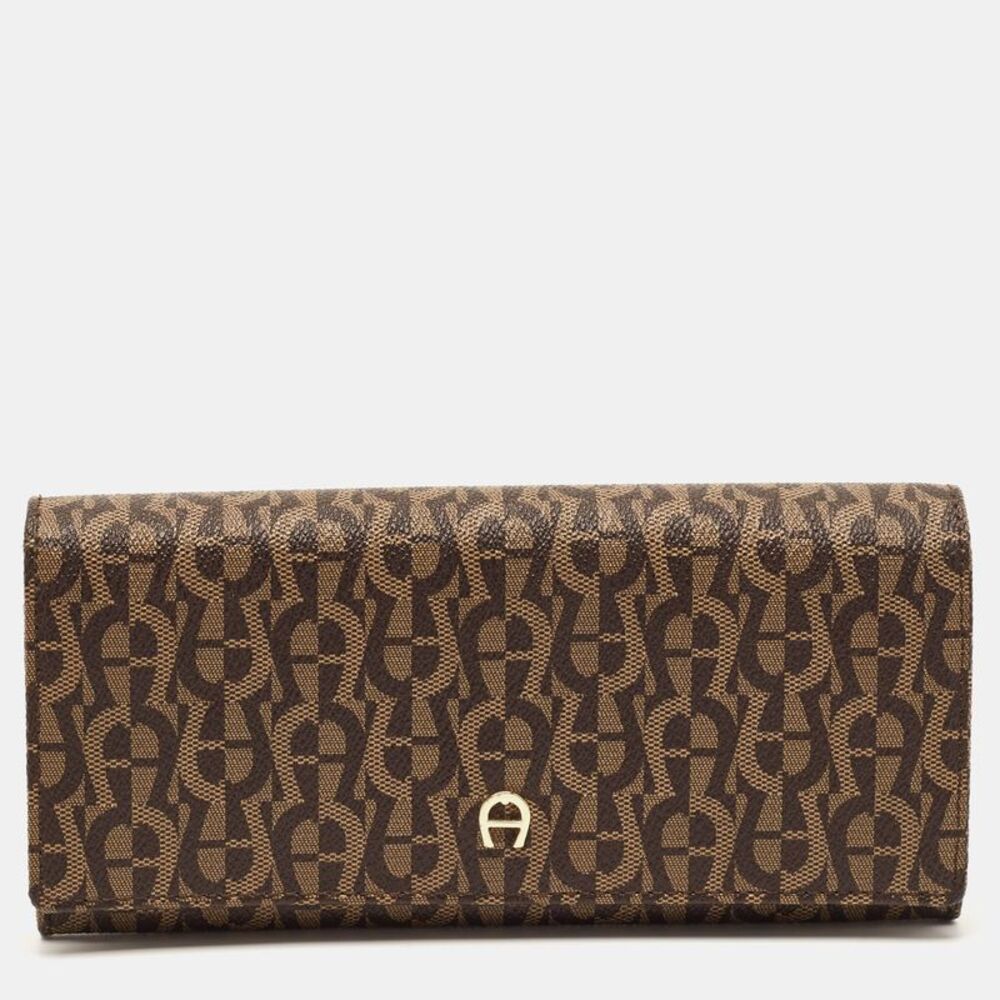 Aigner Logo Flap Brown Signature Coated Canvas Continental Wallet